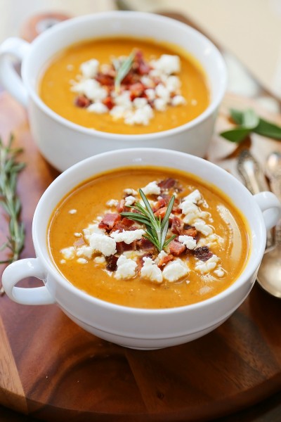 Creamy Sweet Potato Soup with Bacon and Goat Cheese – The Comfort of ...