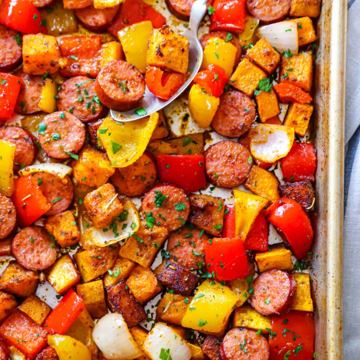 Sausage, Peppers + Butternut Squash Sheet Pan Dinner